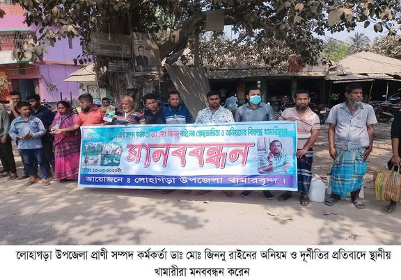 লোহাগড়ায় প্রাণী সম্পদ কর্মকর্তার স্বেচ্ছাচারিতা ও অনিয়মের বিরুদ্ধে মানববন্ধন। 