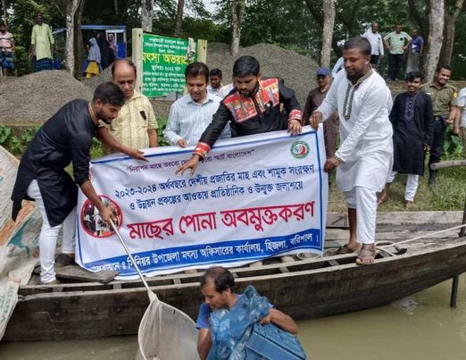 হিজলা সিনিয়র উপজেলা মৎস অফিসারের উদ্যোগে মাছের পোনা অবমুক্ত 